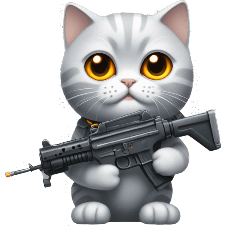 A British Shorthair cat with orange eyes holding a machine gun in its paw. emoji