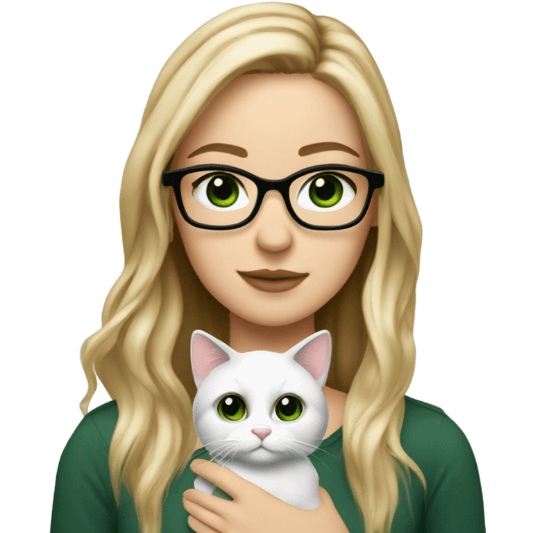 pretty white girl with dark green eyes, long ombré hair from dirty blonde to blonde, with square frame glasses. holding a cat emoji