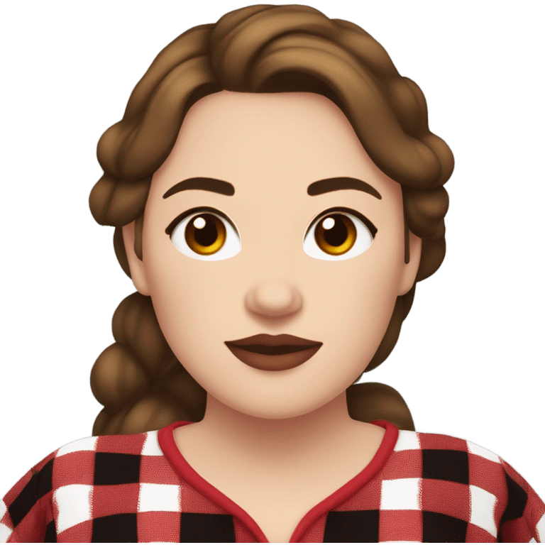 Plus size woman with brown hair and brown eyes wearing red and black buffalo plaid pjs. White skin. emoji