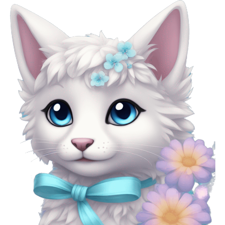 Anthro Cute Cool Pastel Kawaii gorgeous sparkly ethereal fantasy animal creature with blue eyes furry sona with flowers and ribbons beautiful aesthetic emoji