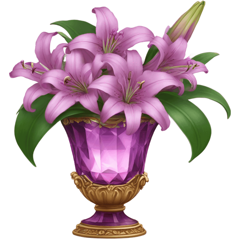 A luxurious bouquet of violet lilies in an ornate Pink crystal vase, placed on an antique wooden table with soft candlelight reflecting off its petals. emoji