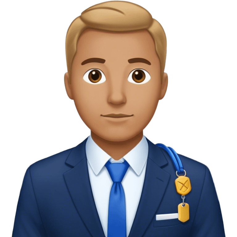 Man in an office in a navy blue suit wearing a blue lanyard around his neck emoji