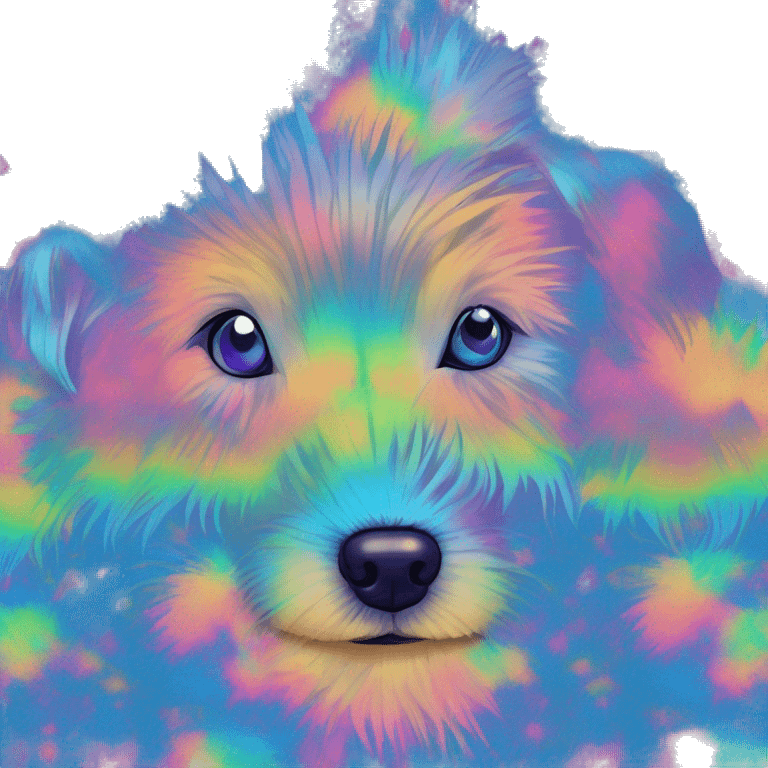 Multicolored rainbow retro groovy tie dye hippie trippy floral patterns on a metallic holographic iridescent blue dog face head unicorn emoji