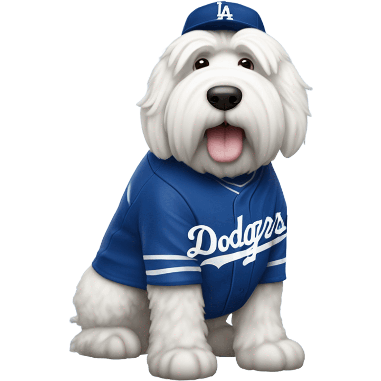 Old English Sheepdog full height wearing a Los Angeles dodgers baseball jersey emoji