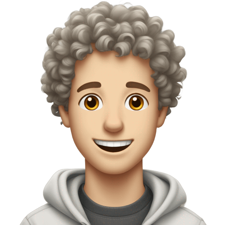 A happy curly-haired white boy in a sweatshirt holds a border collie emoji