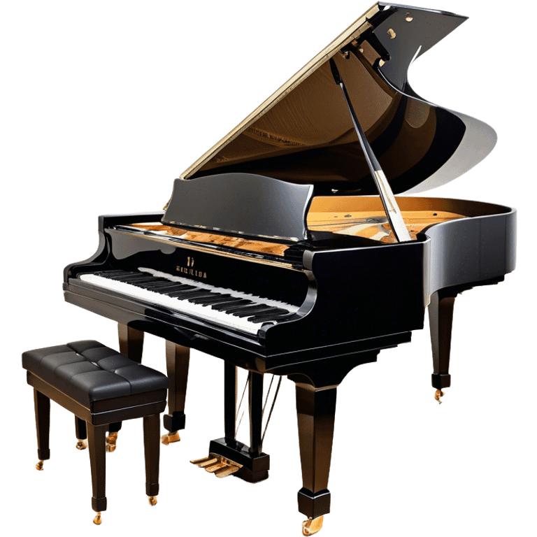 Create an elegant and detailed emoji representing the Seiler 278 Konzert grand piano. The design should feature the grand piano's polished black body with shiny, reflective surfaces, capturing its high-quality craftsmanship. The black and white keys should be clearly visible, with the curved shape of the grand piano’s body and lid, which can be slightly open. Add visible details like the pedal system, the intricate wood finish on the frame, and the elegant legs of the piano. The musical notes should float around the piano, evoking the sound of a professional concert instrument. Use deep black, white, and gold tones to highlight its luxurious appearance. The background should be transparent. emoji