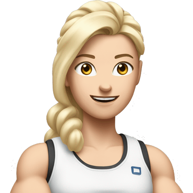 Close up Actively gesturing  with hands Pale skinned Fit woman With the biceps and blonde hair in dark gray Sleeveless Mike, black sports shorts, watch and white Sneakers emoji