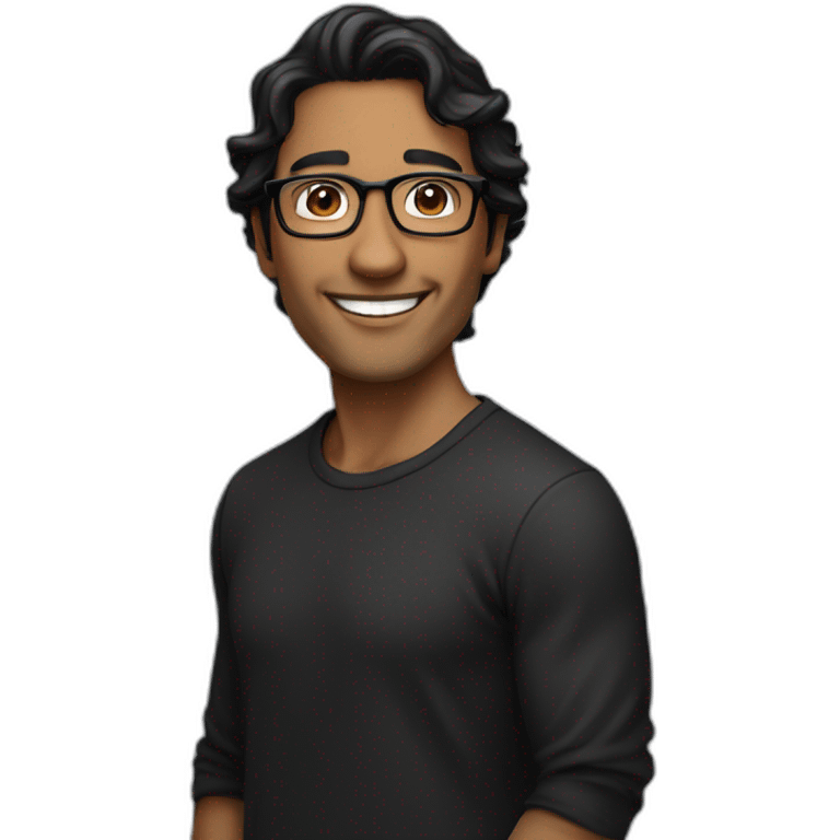 Caramel smiling man, dark brown eyes, black long wavy hair, no facial hair, thin and long nose, round glasses, black t shirt emoji