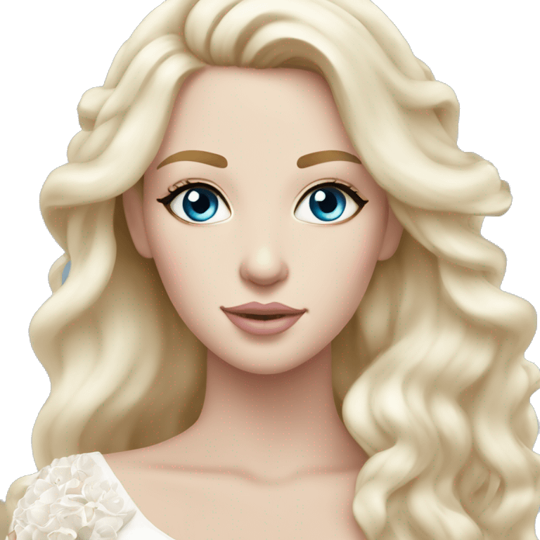 White bride with long light blonde hair and blue eyes with light pink peonies in hair white skin light pink lips emoji