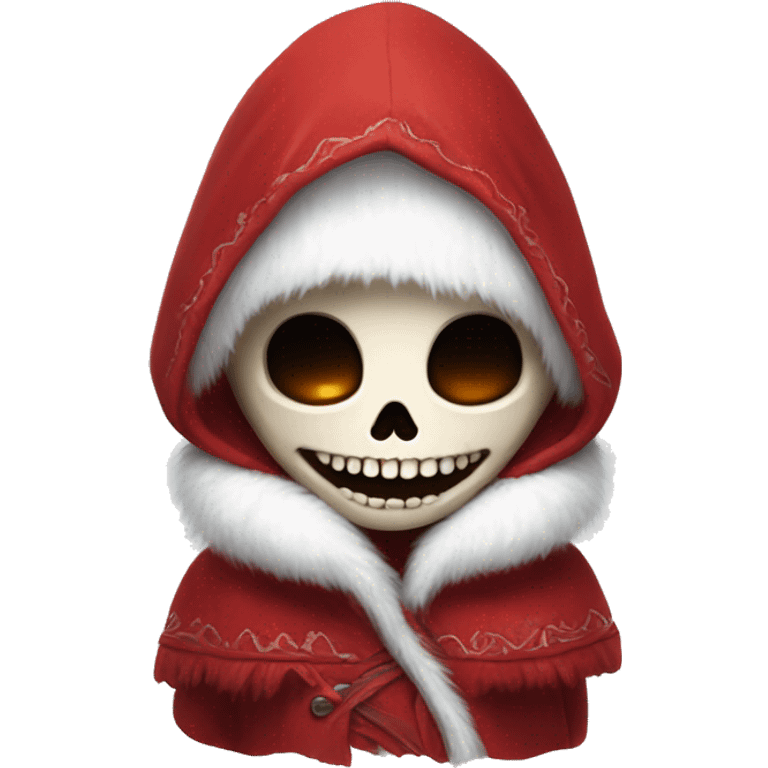 Cute, happy little skull wearing a red velvet hood with fluffy white fur trim. emoji