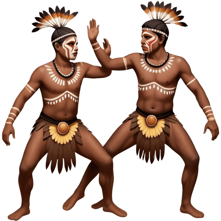 Cinematic Realistic scene of two indigenous male aboriginals performing an Aboriginal Corroboree, adorned in traditional body paint, A corroboree is an Australian Aboriginal ceremonial meeting. It usually includes celebration of Aboriginal mythology and spirituality, which is based in the Dreaming emoji