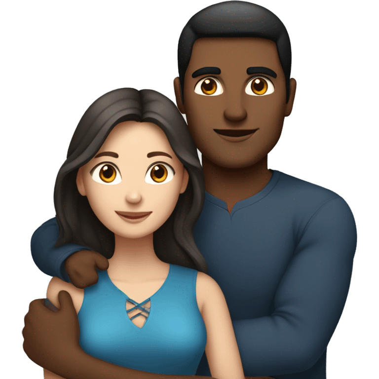 Couple embracing with arms around each other; white woman with blue eyes and brown hair, Indian man with black hair  emoji