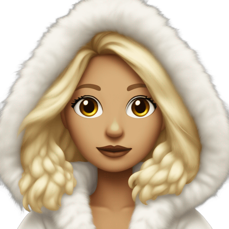 Tanned Girl with lashes , blonde hair, in an extremely big fluffy oversized white fur coat with hood on. The fur is real and it’s very obvious big and fluffy, aestheticism emoji