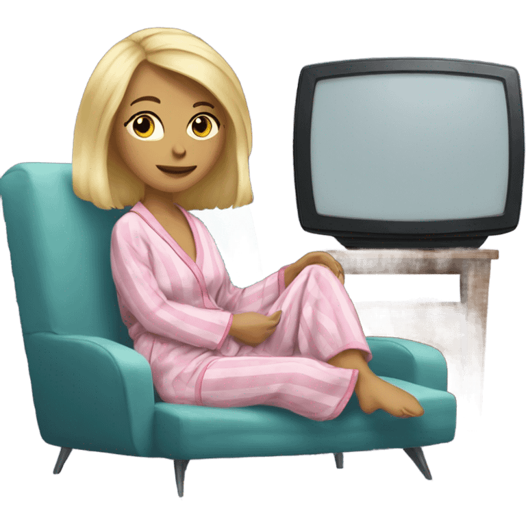 Blonde woman in pajamas and robe watching TV emoji