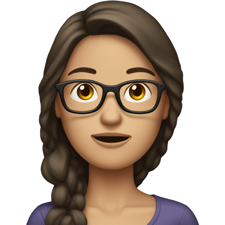 Brunette woman, long hair, and glasses that’s very nauseous and feeling sick emoji