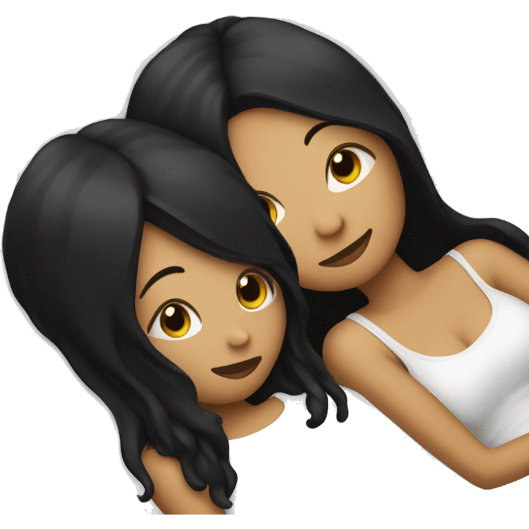 Lesbians with long black hair and white skin laying in bed together emoji