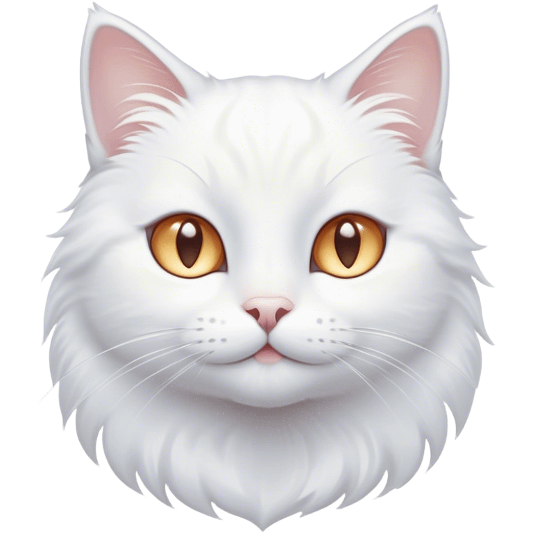 Cinematic Cute White Cat Portrait Emoji, Head tilted with a soft, gentle smile and sparkling eyes, featuring a silky, pristine white fur with subtle silver highlights, simplified yet irresistibly adorable, highly detailed, glowing with a warm, snowy glow, high shine, radiating affectionate charm and tender grace, styled with a light, playful outline, capturing the essence of a cute white cat that looks as if it could melt your heart with a single blink! emoji