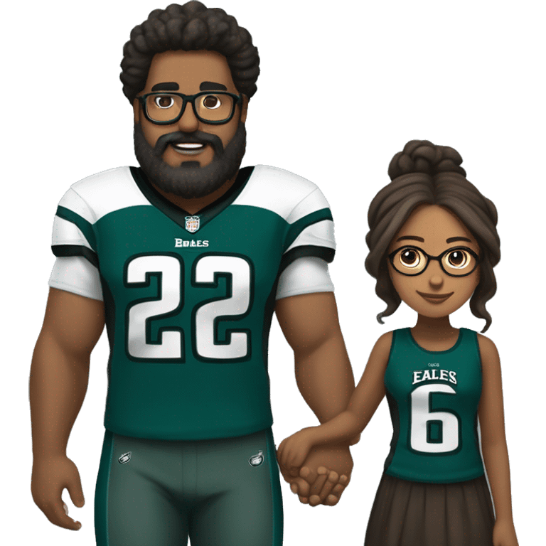 Heavy Brown guy with beard mustache and brown girl with glasses and her hair in a bun in Philadelphia eagles clothes holding hands emoji