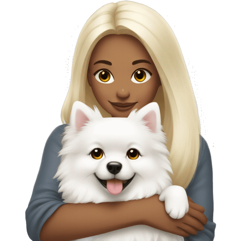 Beautiful girl hugging white pomeranian emoji