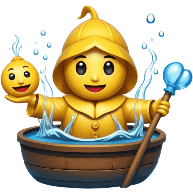 Cinematic Realistic Water Puppetry Pop Culture Emoji, depicted as a whimsical scene of traditional water puppetry rendered with dynamic textures and playful lighting. emoji