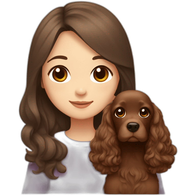 korean girl in long brown hair sits with brown cocker spaniel emoji