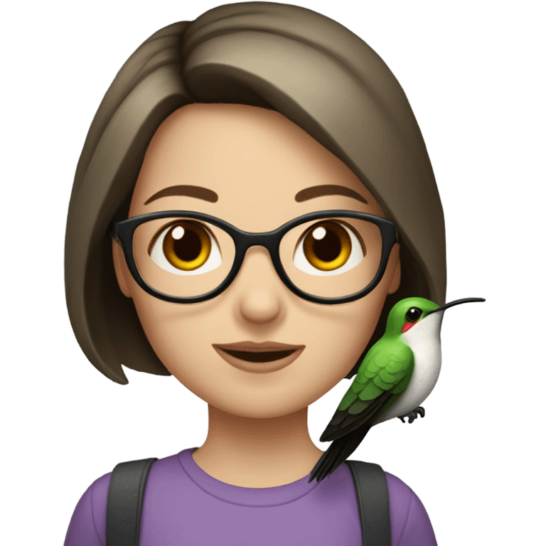 Girl pale , brunette, with short hair, wearing glasses with a hummingbird next to her emoji