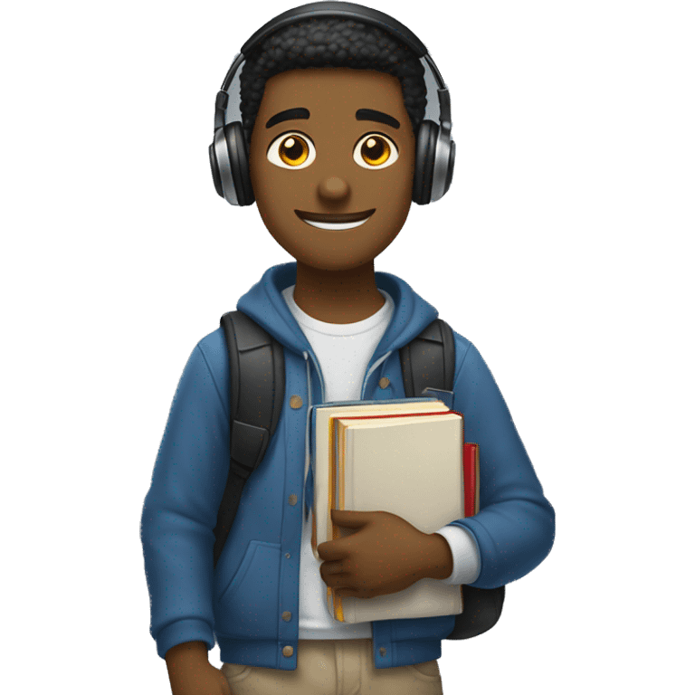 A university student holds books and textbooks in his left hand, headphones in his right hand

 emoji