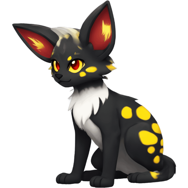 black Shiny Fionbri-Falvie-sparkle-sona with yellow eyes, red edgy markings full body fursona emoji