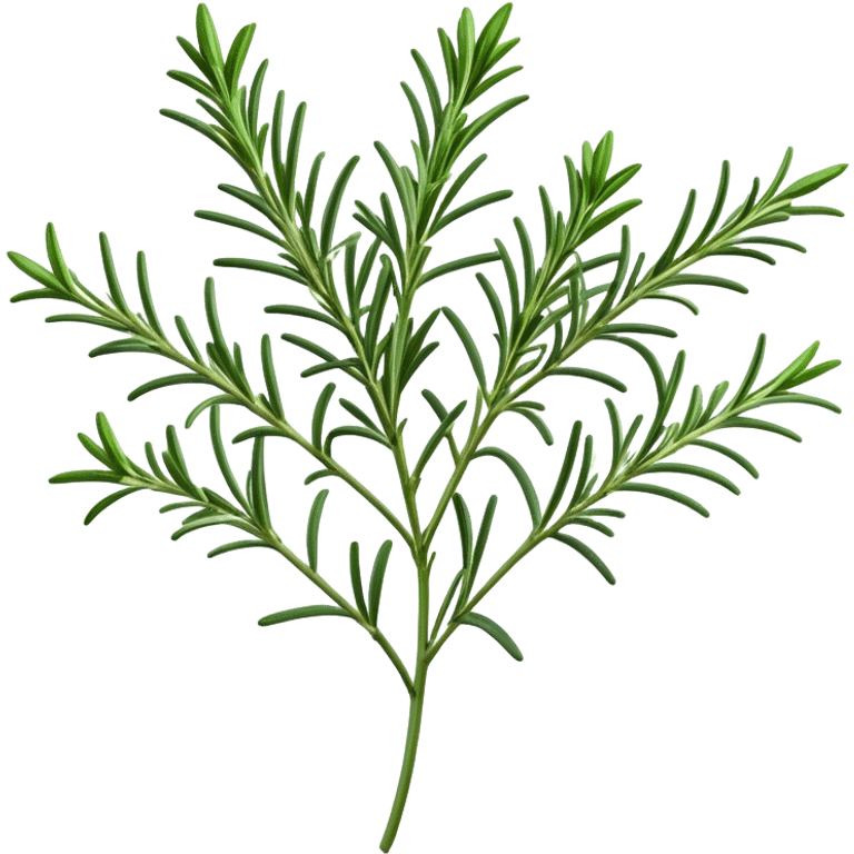 Cinematic Realistic Rosemary Emoji, Fragrant and fresh, with slender green stems covered in needle-like leaves, which release a distinctive herbal scent. The plant seems to exude energy, with soft sprigs of leaves stretching upwards. Soft glowing outline, capturing the essence of earthy healing and aromatic delight in a sprig of rosemary! emoji