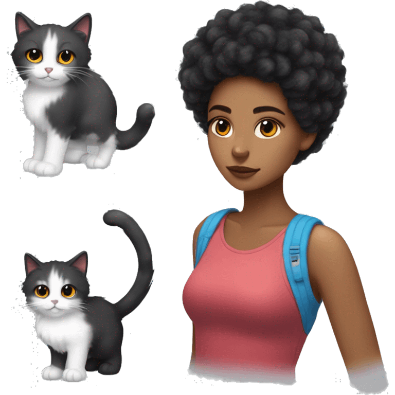 Fluffy cat with more black than white with Latina teen who has red and blue split dyed hair emoji