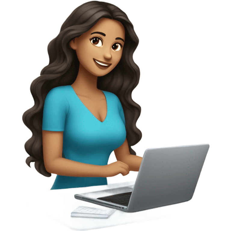 Beautiful girl smiling, dark brown hair,wavy hair，long hair,Black eyes,Latina, typing on laptop  emoji