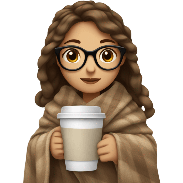 Brown hair Girl drinking coffee, with a cozy blanket, glasses emoji