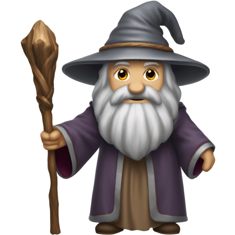 Wizard with long grey beard and silver and greyl robes, holding a wooden staff with a ruby on it emoji