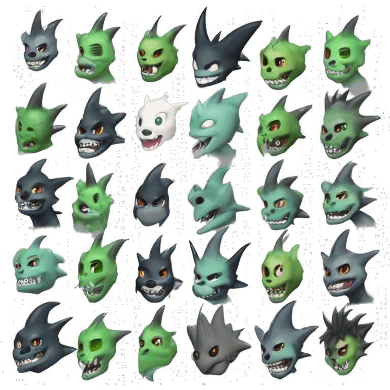 Digimon-Fakémon, horns, black body, green mane, anthro, furry, shark, grey skull face, grey skull mask, green stripes, tufted tail, full body, shark, creature, vernid, LiLaiRa, emoji