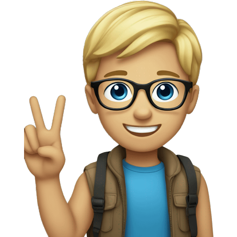 smiling boy with glasses outdoors, blue eyes, and he’s giving a peace sign  emoji