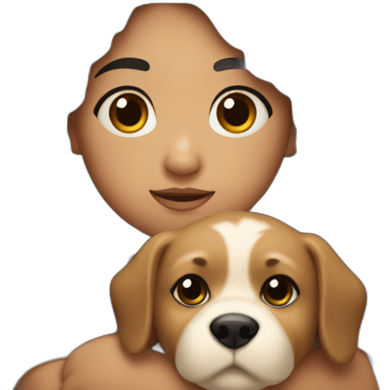 chubby girl with black wavy hairs holding dog in her arms emoji