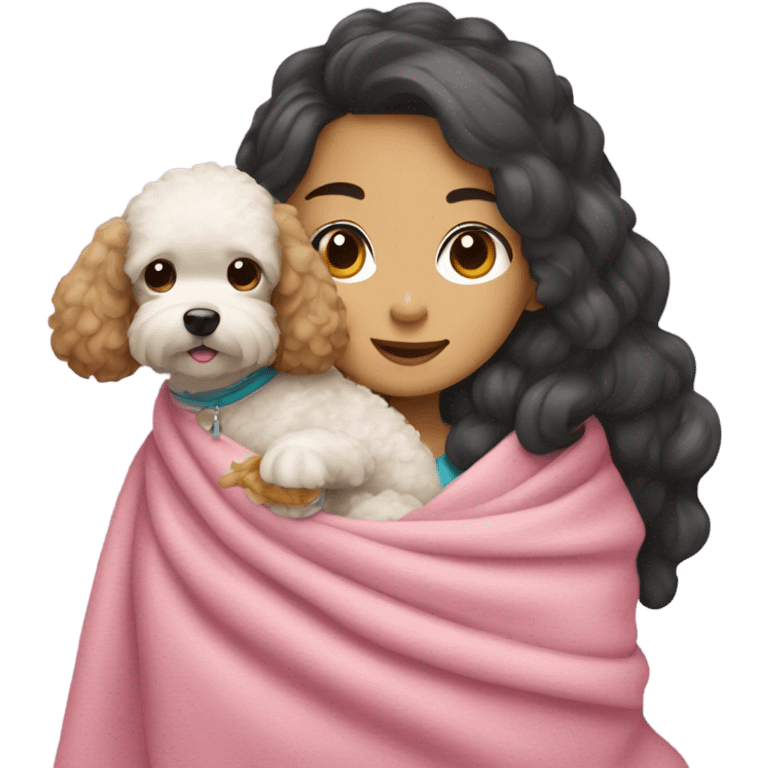 asian girl cuddled with toy poodle in blanket emoji