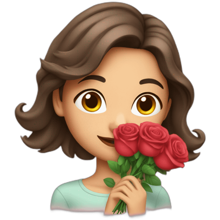 brunette girl smells  bouquet of roses emoji