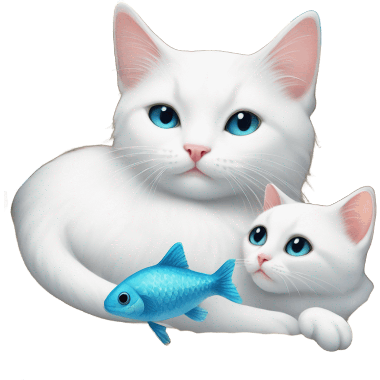 A white kitten snuggled up to a white cat. Both cats are surrounded by many colourful fish  emoji