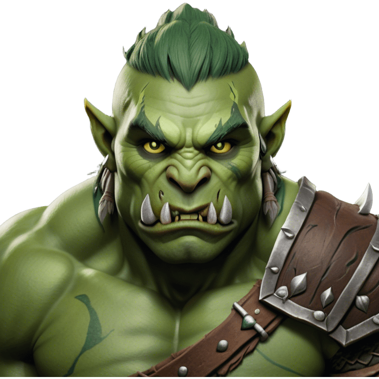 Cinematic Realistic WoW Orc Warrior Portrait, head tilted epicly and inquisitively, showcasing a commanding presence and raw, unyielding power. His battle-hardened green skin and muscular form, accented by meticulously crafted tribal armor in deep earthy hues, are rendered with lifelike clarity and dynamic lighting, high shine, epic and awe-inspiring, embodying the relentless spirit of an orc warrior ready for battle. emoji