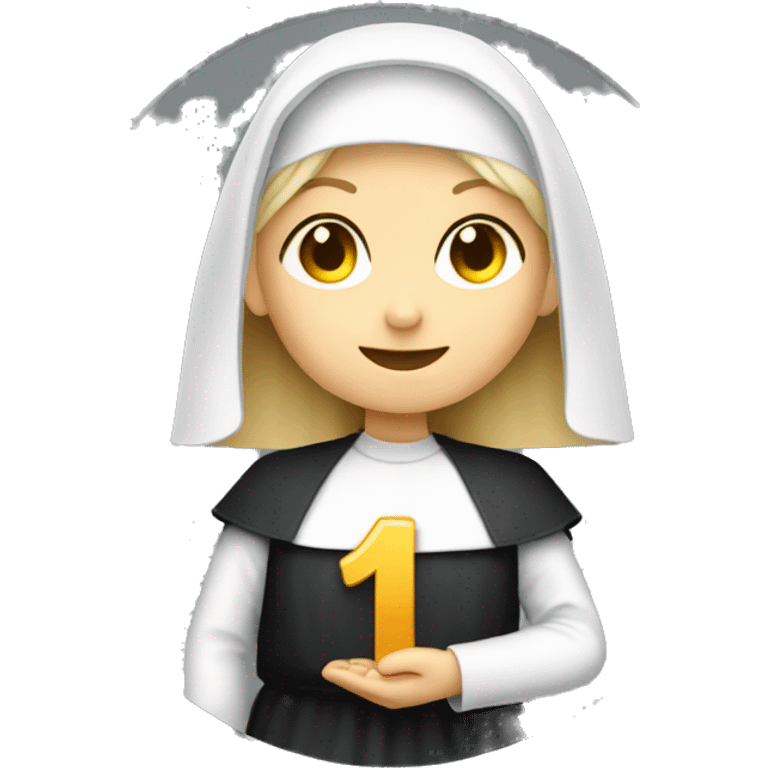 A blonde nun holding a coin with the number 1r on it emoji