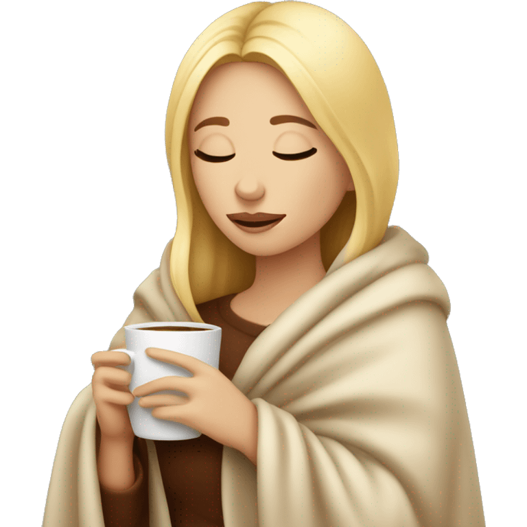 Blonde girl inside a blanket sipping coffee eyes closed emoji