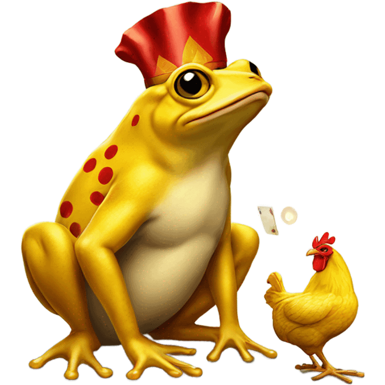 a golden frog and a chicken playing cards emoji