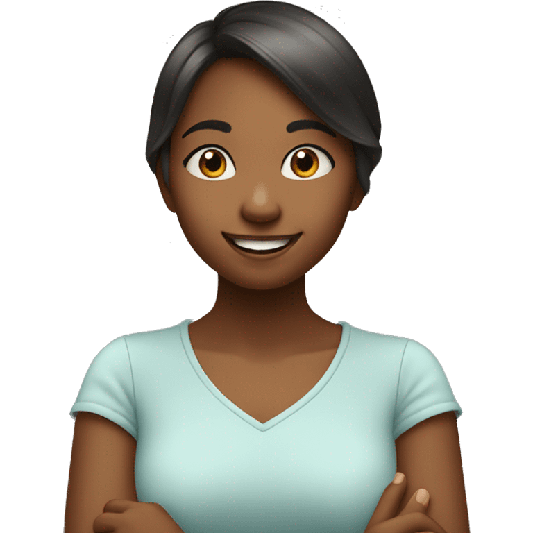 A young girl posing with her hands under her chin in a cheerful manner, with a friendly smile emoji