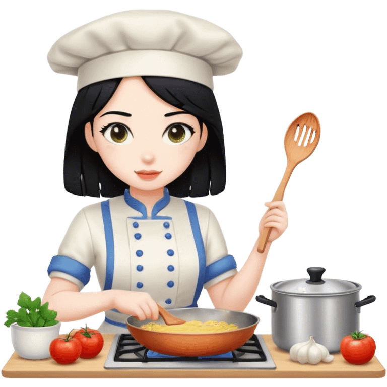 black hair girl with pale skin is cooking emoji