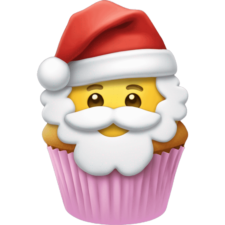 Frosted cupcake decorated like Santa with a red hat, rosy cheeks, and a white beard emoji