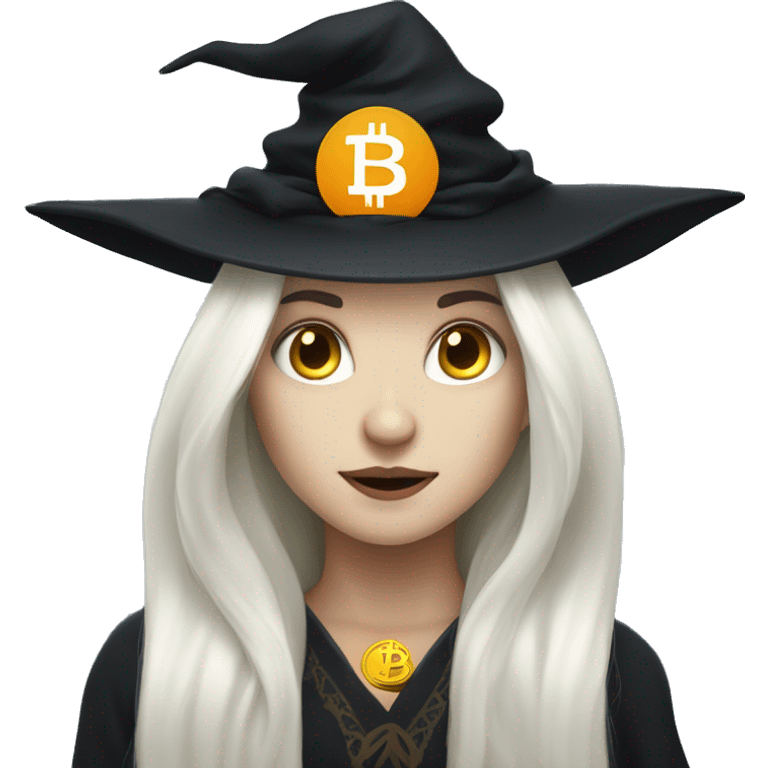 Face witch with bitcoin, cute, white skin, white long hair emoji