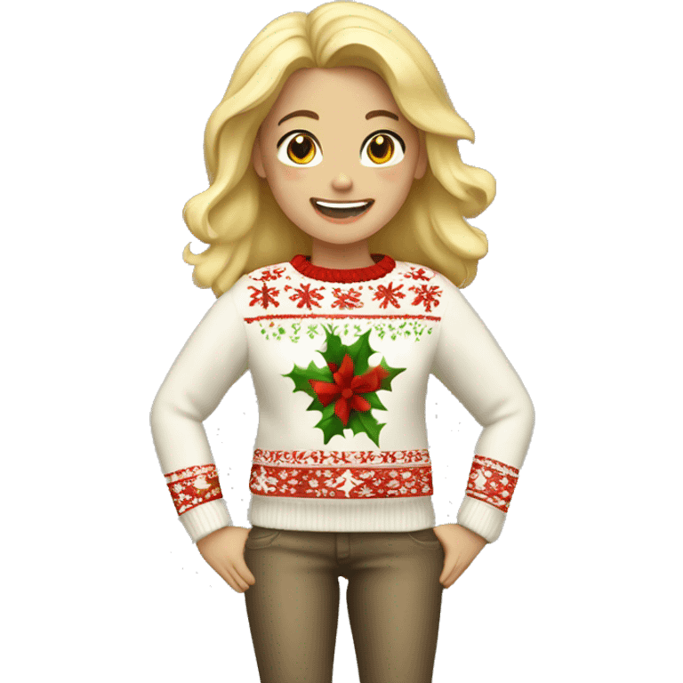 Blonde girl wearing Christmas sweater saying yay emoji