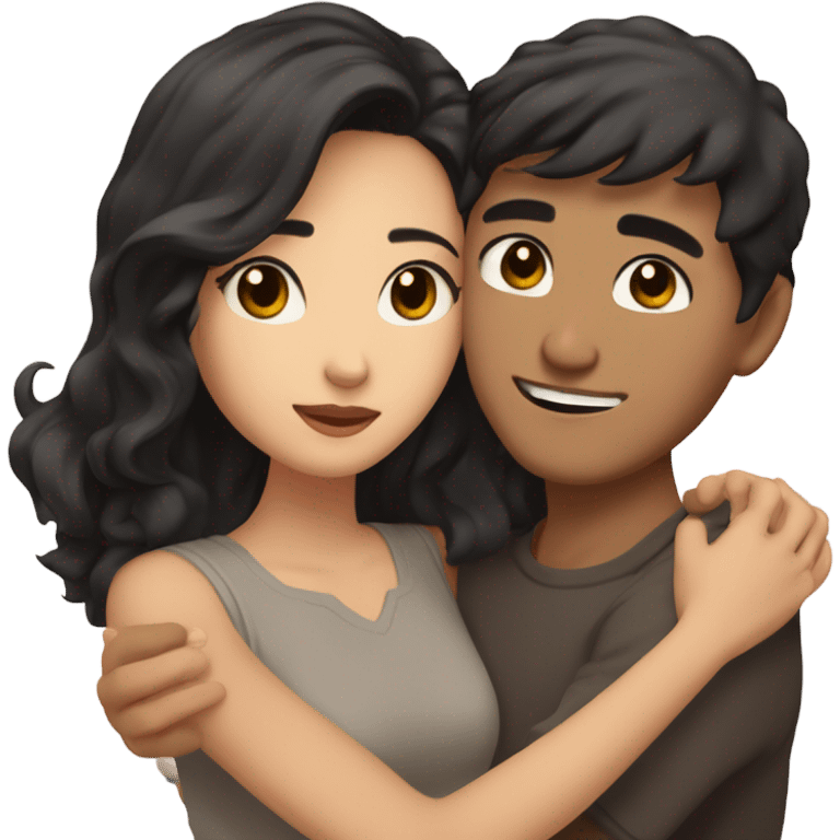 A pale half Asian man with short dark hair and amber eyes embracing and loving a half Asian woman with long wavy dark hair and dark hazel eyes. They love each other a lot And have good fashion taste and are hugging each other tight  emoji