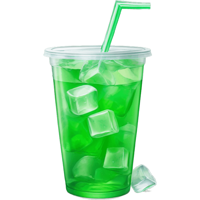 Realistic see through plastic cup and lid with half full Transluscent green soda,straw and large ice cubes inside. emoji